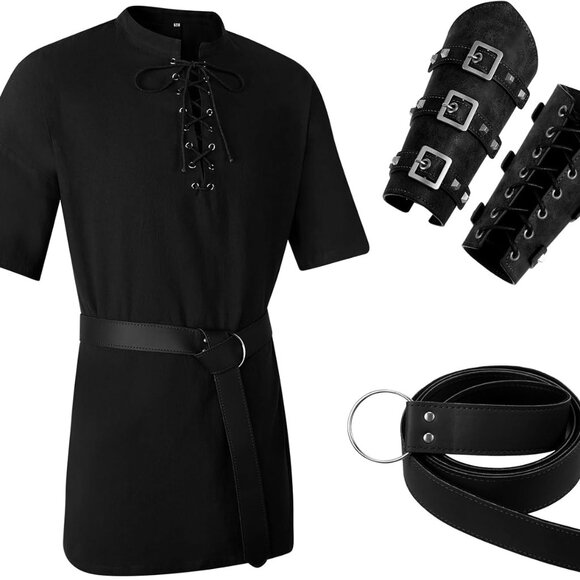 3 Pcs Renaissance Costume Men Medieval Viking Tunic Knight Costume Faux Leather